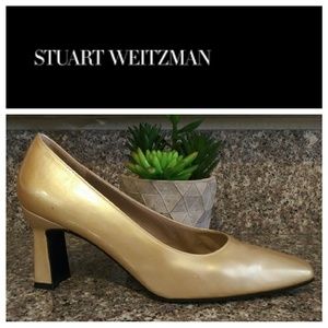 Stuart Weitzman Gold Square Toe Block Heeled Pumps
